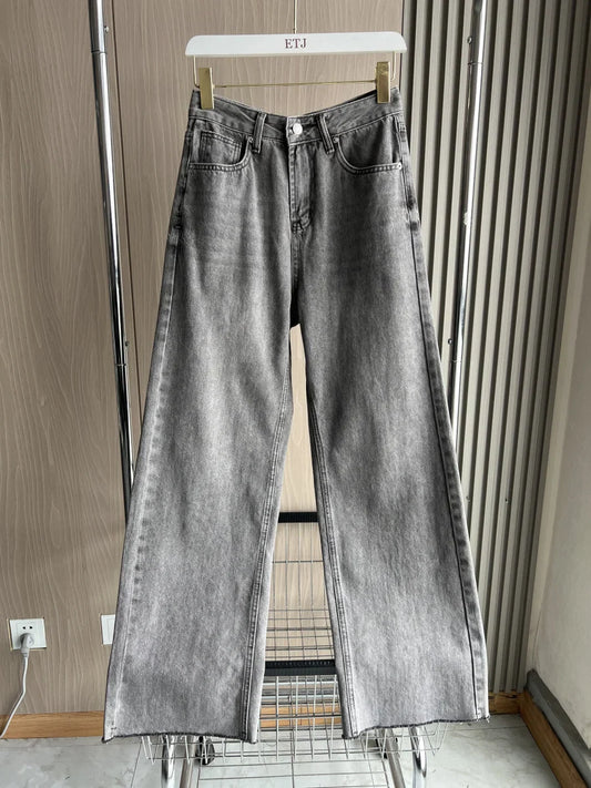 Wide-leg high-waisted jeans  women's classic everything with five pockets washed soft comfortable ultra-long jeans6045022