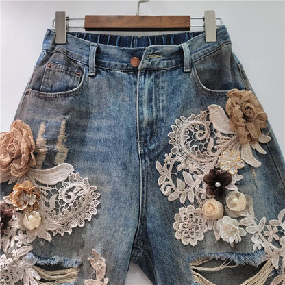 Fashion Women Spliced Lace Flower Hole Design Denim Shorts Vintage Straight Wide Leg Short Pants Female 2025 Summer 1LS1867