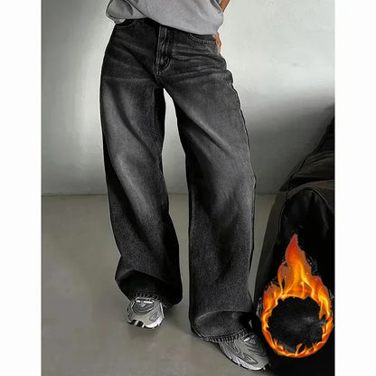 Winter Lady Plush Thermal High Waist Thin Jeans Girls Fleece Snow Warm Denim Pants Female Comfortable Straight Leg Trousers