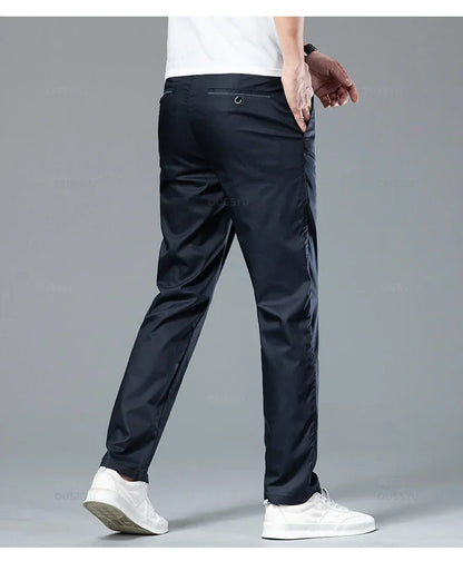 New Summer Cosy Soft Bamboo Fiber Straight Suit Pants Men Business Stretch Thin Navy Blue Casual Trousers Male Large Size 40 42