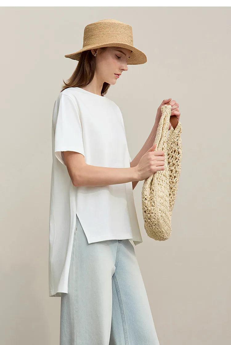 T-shirt Women 2026 Summer New O-Neck Side Slit Cotton Tee Embroidered Letter Lace Accent Women's Short Sleeve Tee 12652029