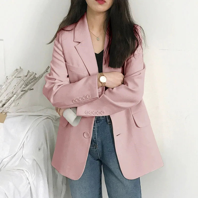 Elegant Women's Blazer Jacket Black Long Sleeve Button-Up Notch Lapel Office Jackets Woman Casual Solid Color with Pocket Blazer