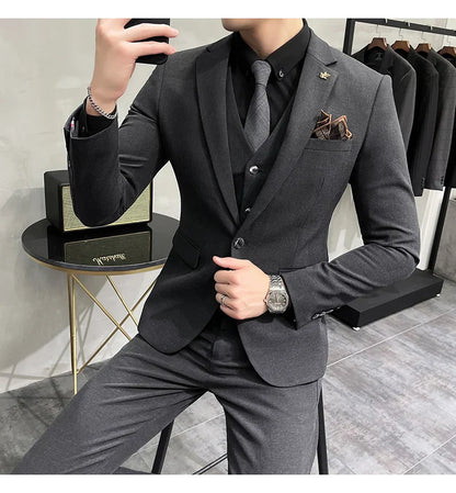 Blazer Vest Pants Men's Navy Blue Suit Set Slim Fit Blazer Vest Pants Formal Outfit for Business Wedding Office Groom Party