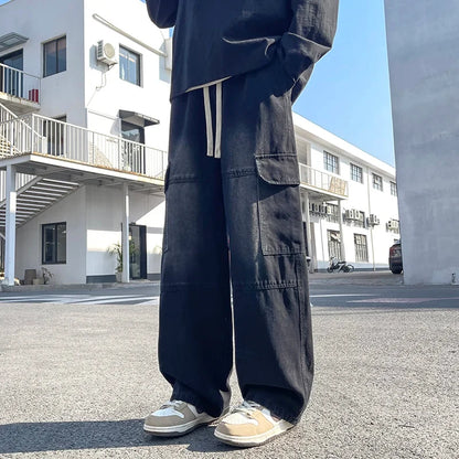 2025 new men's cement grey work jeans Y2K street hip-hop large pocket wide-leg straight jeans trousers jogging black light blue