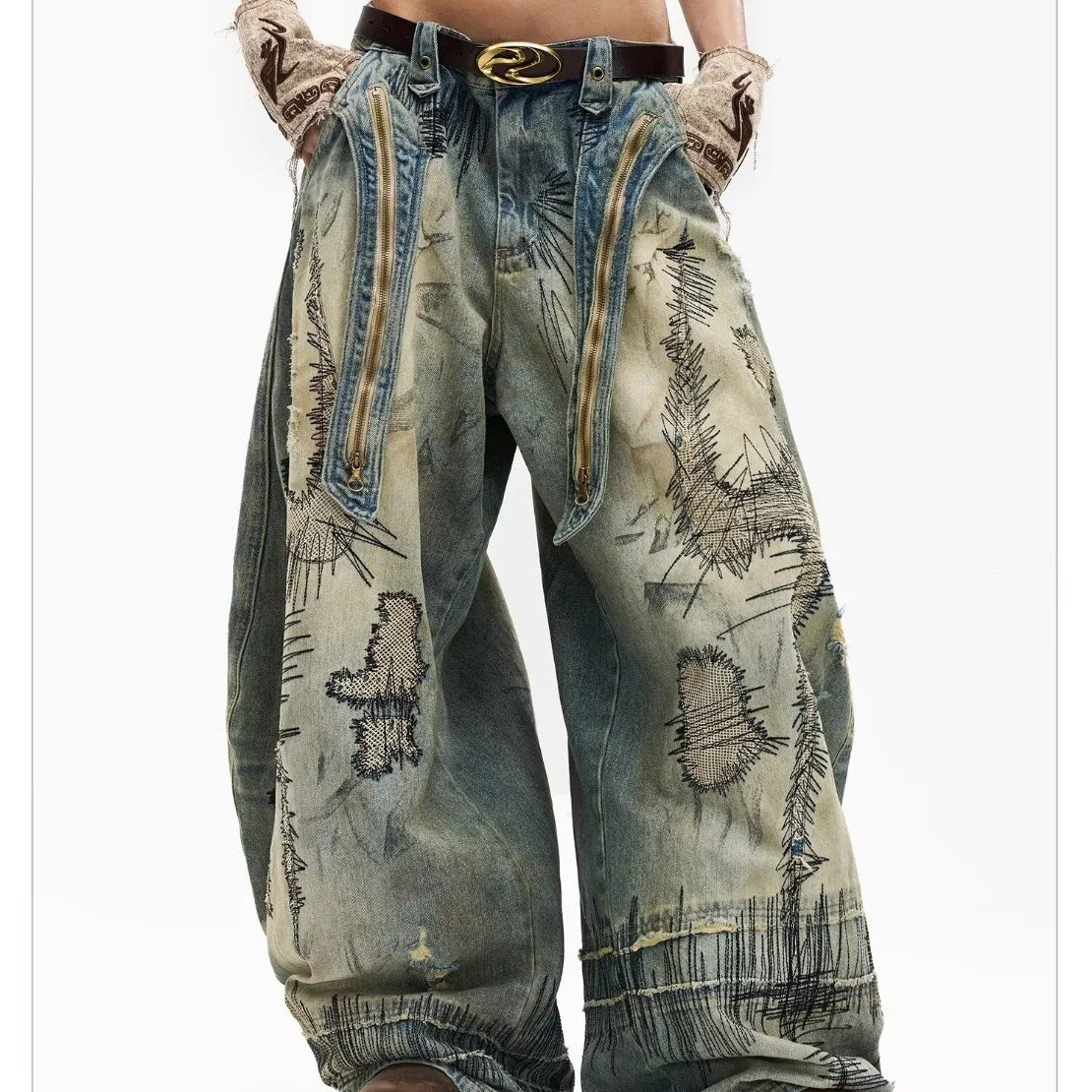 American New Fashion Men's Blue Casual Trendy Daily Loose Wide Leg Hole Patched Embroideried Denim Trousers Male Jeans Pants