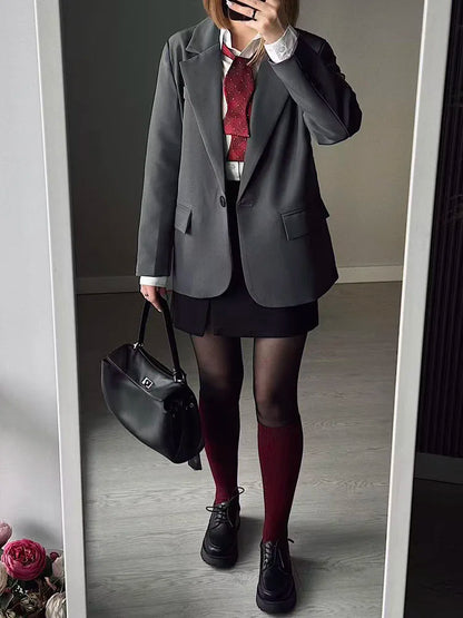 Women Blazers Grey Autumn Outerwears Office Jackets Ladies Coat Long Sleeve Pockets Black Blazers For Women Casual Long Jackets