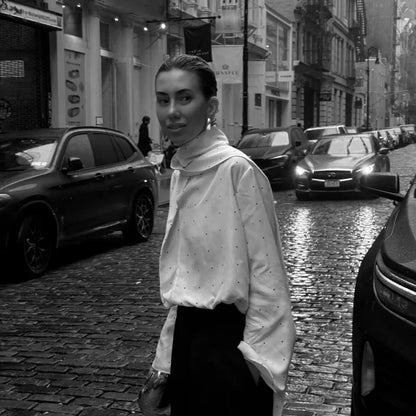 Satin Scarf Neck Polka Dot Printing Women Blouse Fashion Full Sleeve Loose Basic Shirt Lady Spring Highstreet Commute Wears New