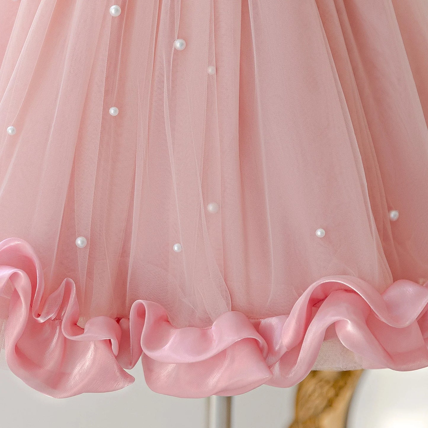Summer Flower Girls Dress Elegant Imitation Pearl Birthday Party Prom Dress Girl Tulle Wedding Bridesmaids Pageant Princess Gown