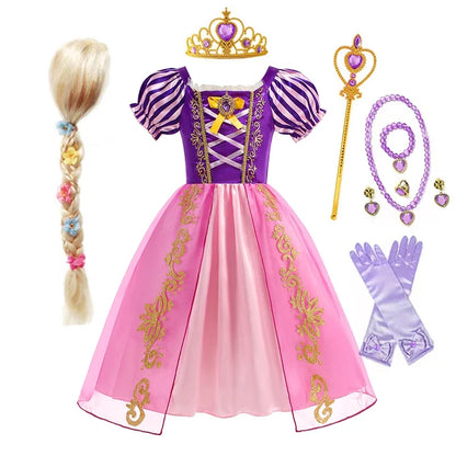Disney Rapunzel Princess Dress Girl Purple Puff Sleeve Cosplay Tangled Costume Halloween Vestido Kids Birthday Ball Gown Clothes