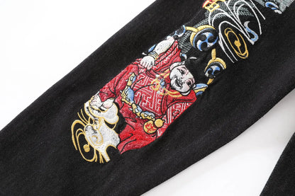 Japanese Handmade Embroidered Jeans Men's Pure Cotton Straight Tube Hip-Hop Popular Slim Red Ears Show Thin Trousers Devil Big M