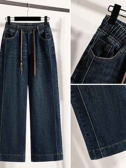 Slimming Wide Leg Jeans Women's Casual Straight Cut Spring Autumn ular plus Size Cotton Stretch Denim Pure Color