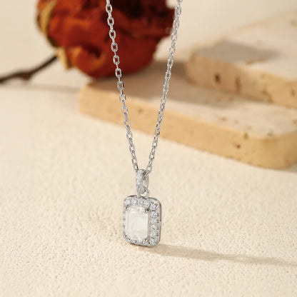 1CT D Color Emerald Cut Moissanite Halo Necklace 925 Sterling Silver Rectangle Wedding Pendant Necklace For Women Jewelry
