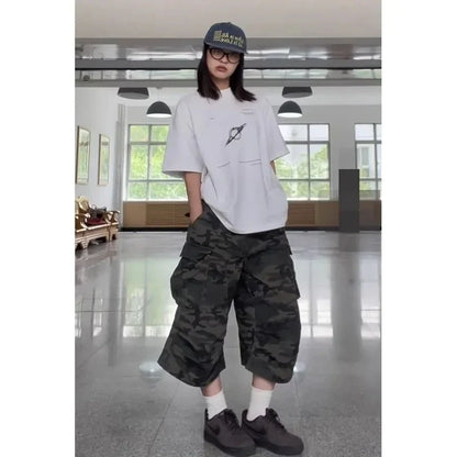 Y2K American Vibe Washed Camo Workwear Jeans Shorts Women's High Waist Straight Leg Slimming Wide Leg Mid-Length Pants
