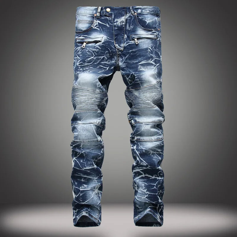 Zipper Pocket Retro Nostalgic Jeans Men's New Style High Street Motorcycle Fashion Stretch Slim Straight Denim Trousers Male