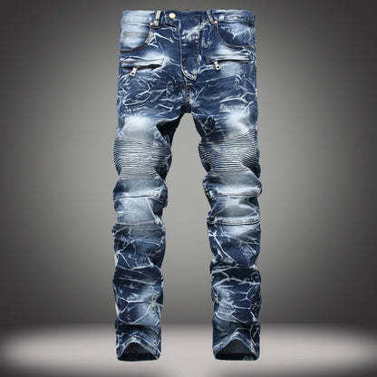 Zipper Pocket Retro Nostalgic Jeans Men's New Style High Street Motorcycle Fashion Stretch Slim Straight Denim Trousers Male