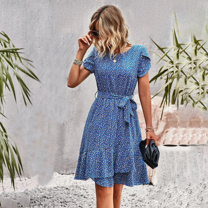 Summer O Neck Casual Printd Women Strap High Waist Pleated Floral Dress