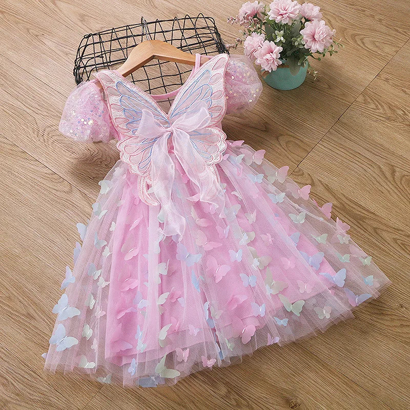 Baby Girls Butterfly Wings Fairy Gauze Princess Puff Sleeve Dress Lovely Kids Summer Tulle Dress Child Birthday Party Gown Dress