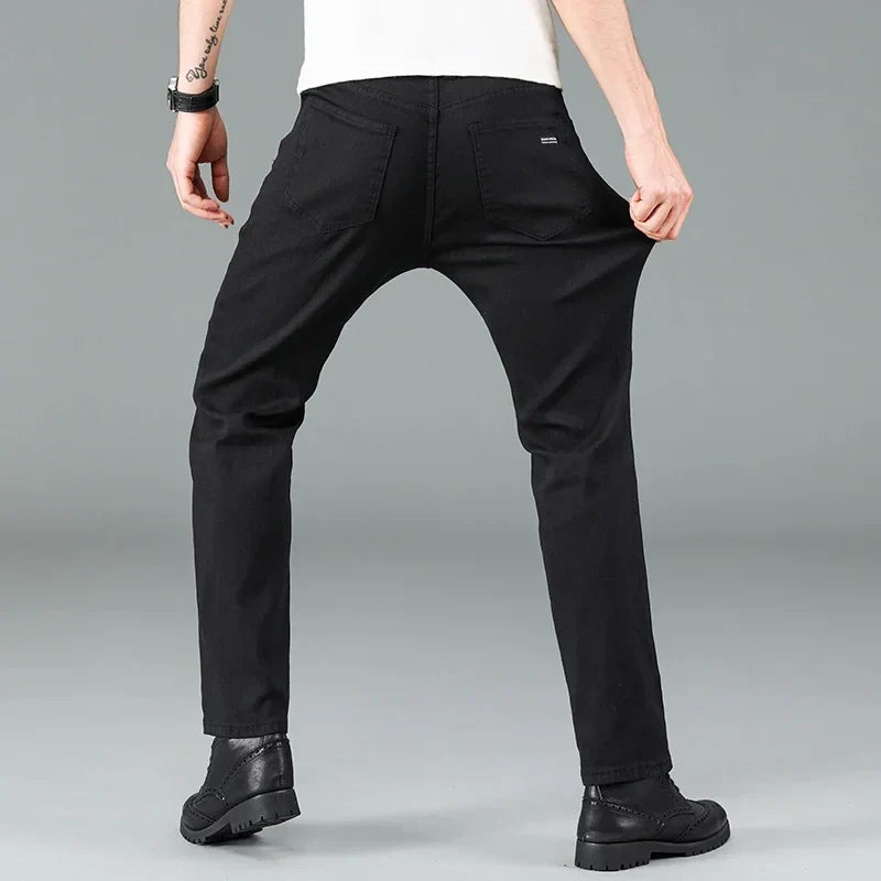 Men's Pure Black Slim Jeans Elastic Straight Pants Business Fashion Leisure Korean Vintage Skinny Small Feet Denim Pants Male