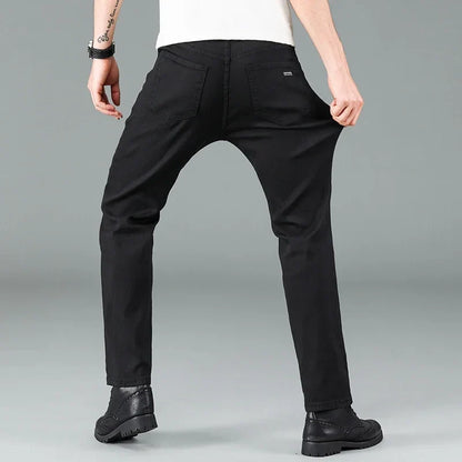 Men's Pure Black Slim Jeans Elastic Straight Pants Business Fashion Leisure Korean Vintage Skinny Small Feet Denim Pants Male