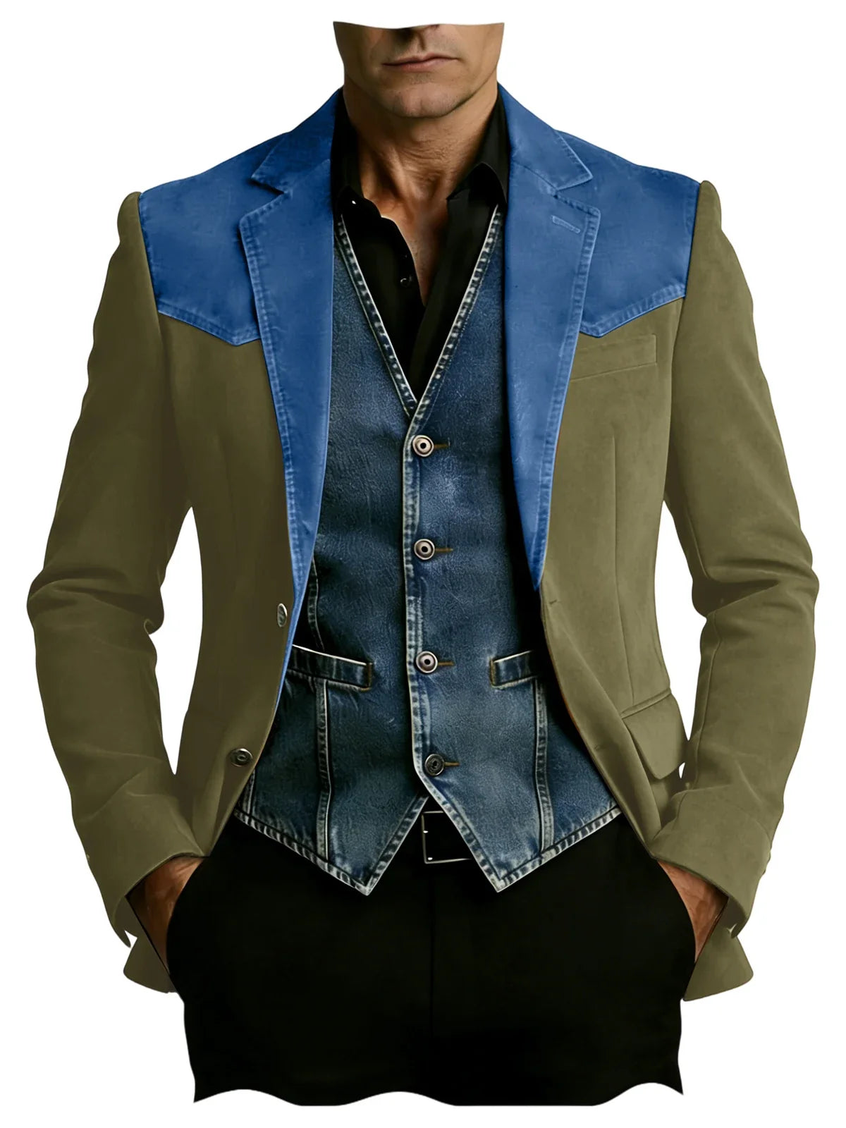 Men's Vintage Suede Blazer Notch Lapel 2 Button Denim Shoulder Collar Patch Jacket Business Casual Daily Wear Coat for Gentlemen
