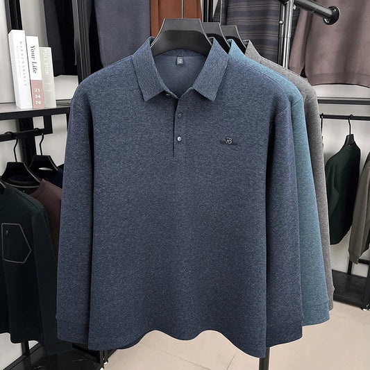 Fashion brand men's long sleeve polo shirt soft plush warm comfort new letter embossed solid color business casual lapel T-shirt