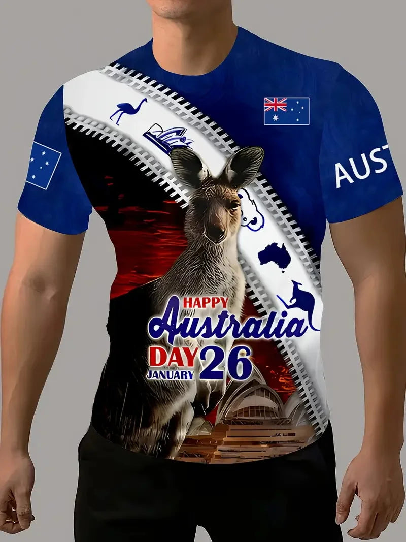 Men's Australia Flag Graphic T-Shirt New In Happy Australia Day Digital Print Tshirts Casual Short Sleeve Crew Neck Tee Shirts