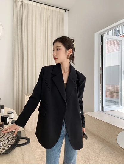 Women Black Oversize Casual Jacket New Lapel Long Sleeve Loose Blazer Fashion Pin Office Ladies Suits Coat Spring Autumn 2023