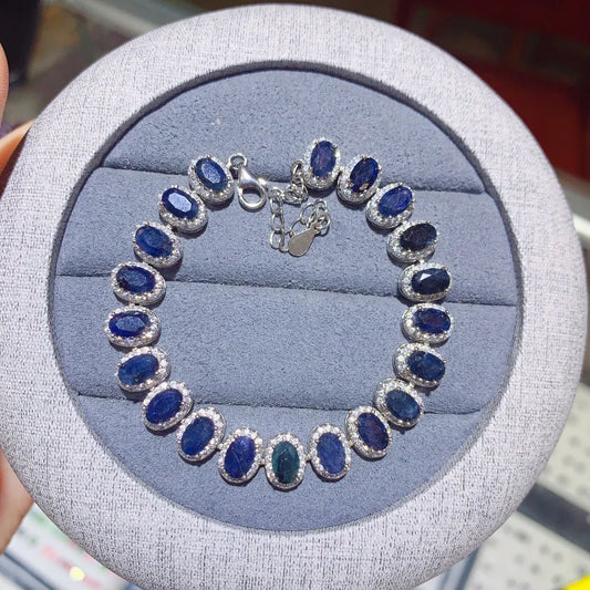 Bracelet Saphir Bleu Foncé Naturel 4X6MM Style Couronne pour Anniversaire Femme et Cérémonie avec Certificat YULEM