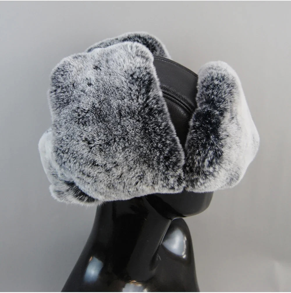 Winter Russian Man Woman White Skin Natural Rex Rabbit Fur Hats Luxury Real Sheepskin Leather Cap Unisex Real Fur Bomber Hat