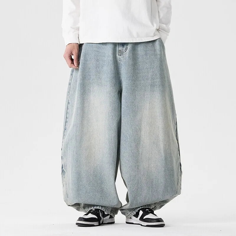 Men'S Plus Size Jeans Japanese Retro Hong Kong Style Jeans Loose Casual Wide Leg Pants Casual Pants Hip-Hop Pants