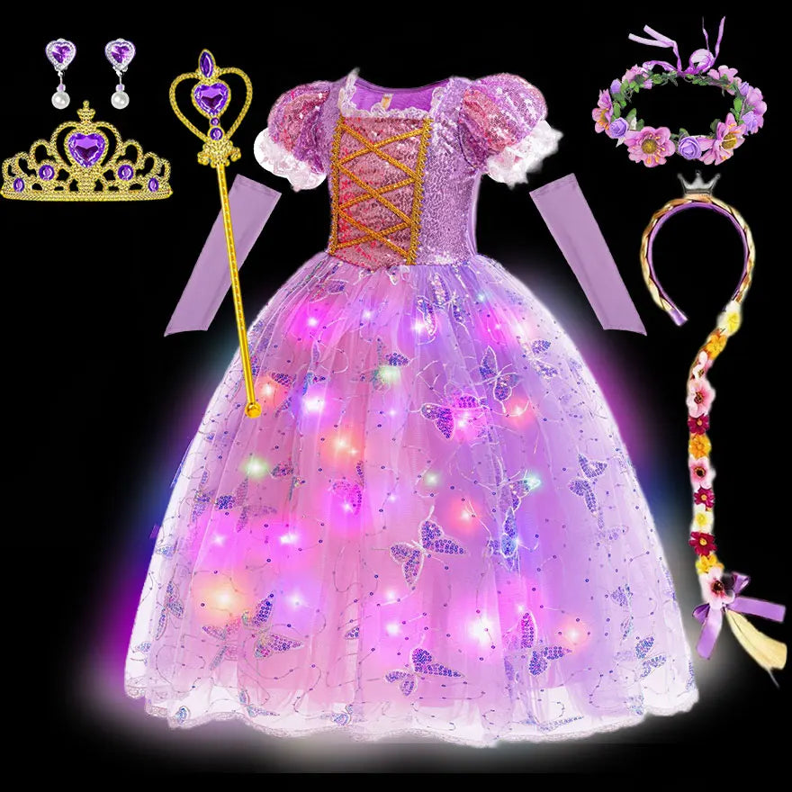 2026 Glowing Rapunzel Costume Girl LED Princess Ball Gown Christmas Light up Tangled Rapunzel Frock Toddler Girl Cosplay Dress
