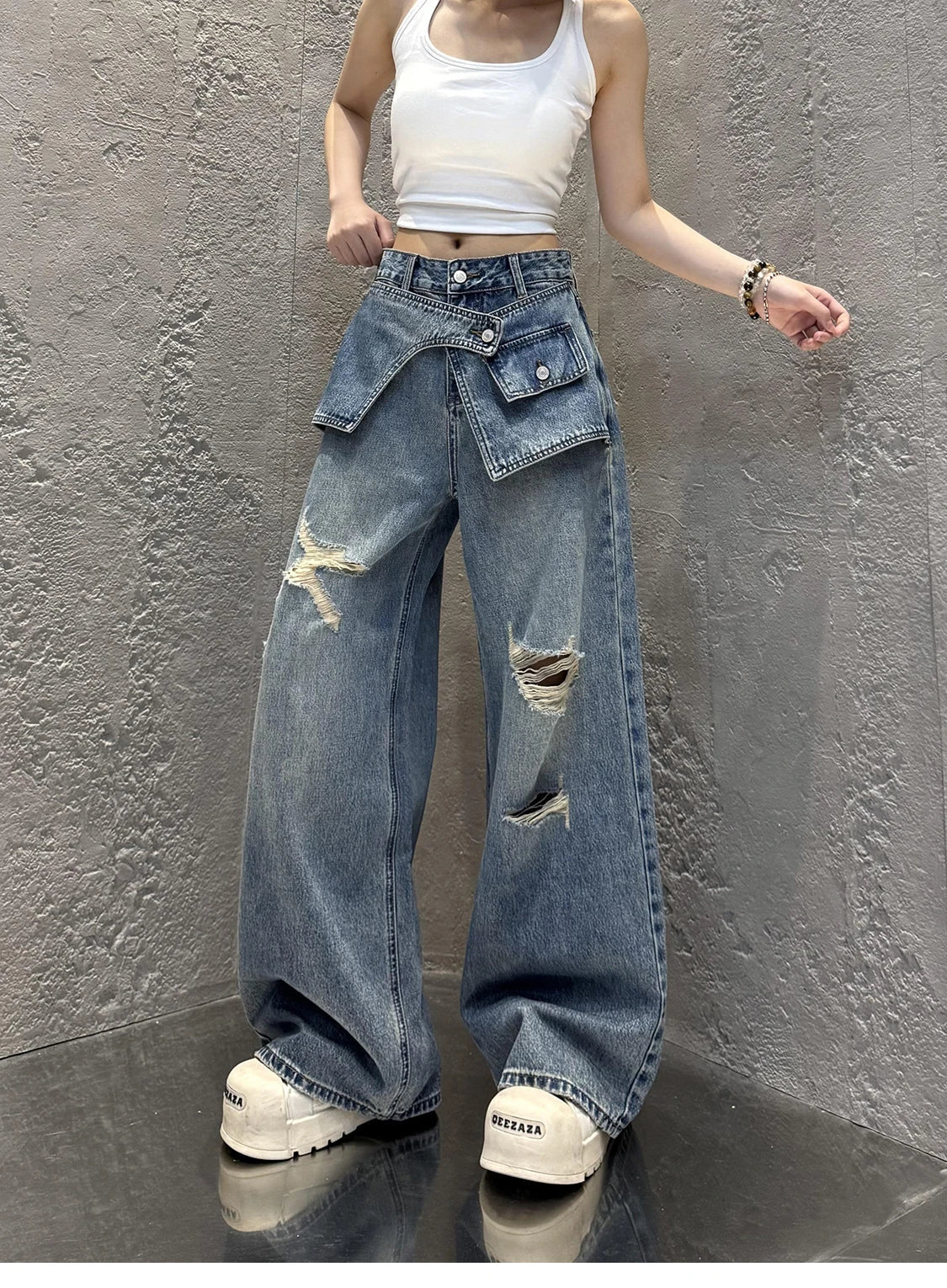 Streetwear Harajuku Jeans for Women Pantalones Vaqueros Mujer Chic Fake Two Denim Trousers Casual Straight Y2k Wide Leg Pants