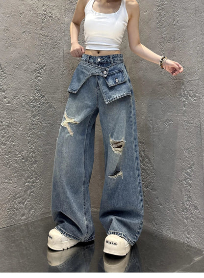 Streetwear Harajuku Jeans for Women Pantalones Vaqueros Mujer Chic Fake Two Denim Trousers Casual Straight Y2k Wide Leg Pants