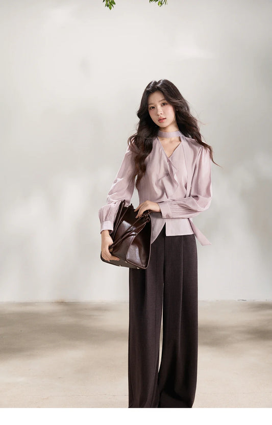 Women's Purple Sweet Shirts 2026 Spring Ribbon V-Neck Ruffled Asymmetrical Shirt Back Lace-up Waist Casual Top MXF13X2527