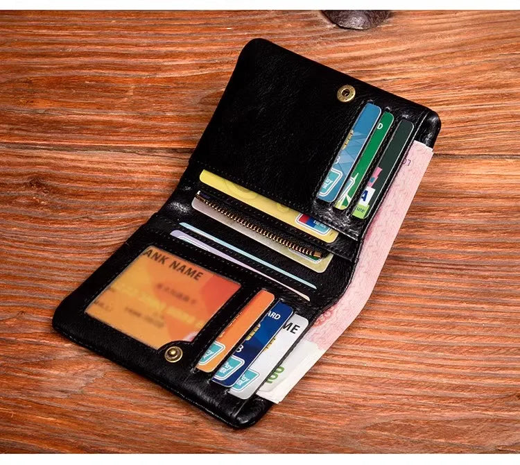Original vegetable tanned cowhide short wallet, retro top layer cowhide wallet, handmade genuine leather multifunctional wallet