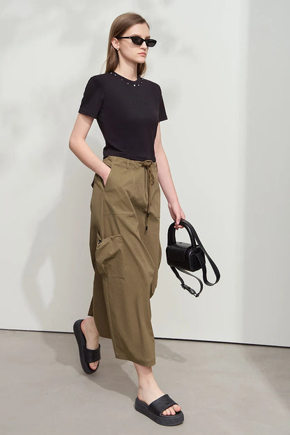 Minimalist Women Clothing Skirt 2025 Autumn New Casual Loose Multi-pocket Drawstring Elastic Waist Long Skirt 12522020