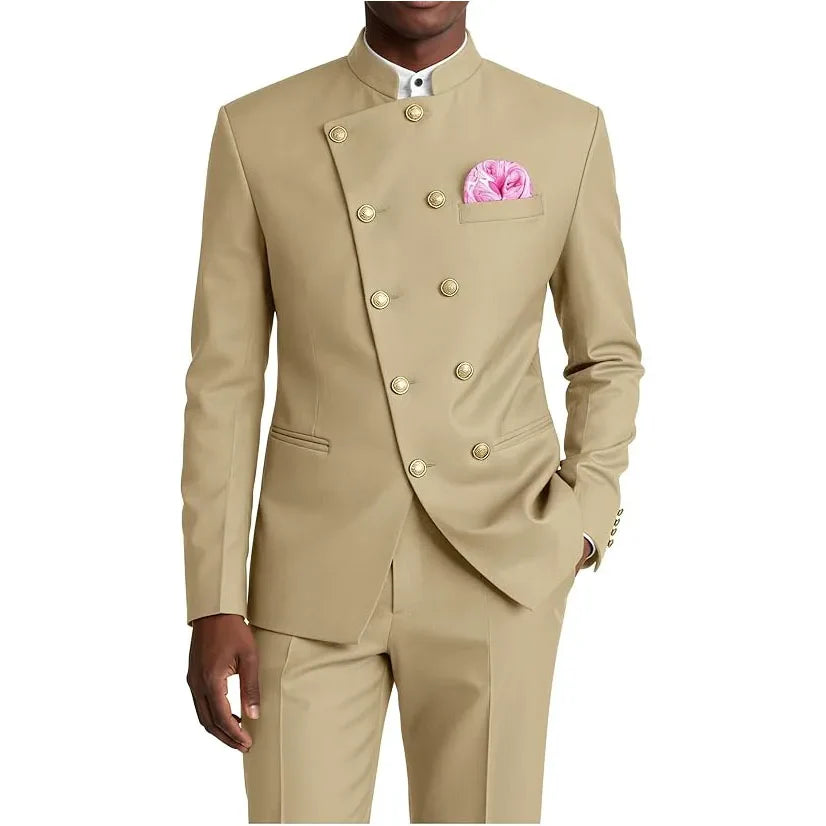 Men's Chinese Style Suit 2 Piece Brown Mandarin Collar Double Breasted With Gold Buttons Formal Jacket Pants For Business Weddin