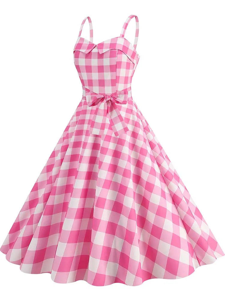Spaghetti Strap Pink Plaid Dress Women Summer Elegant Vintage 50s Rockabilly Swing Party Dress