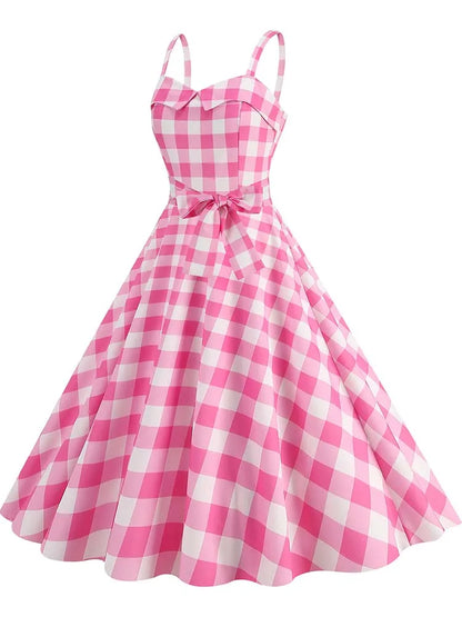Spaghetti Strap Pink Plaid Dress Women Summer Elegant Vintage 50s Rockabilly Swing Party Dress