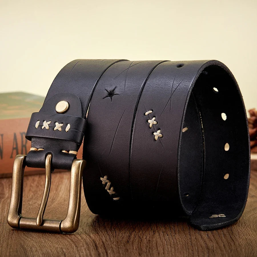 Vintage Genuine leather Luxury Handmade Leather Copper Buckle Man's Belt Cowhide Retro All-match Casual Jeans Soft Belt
