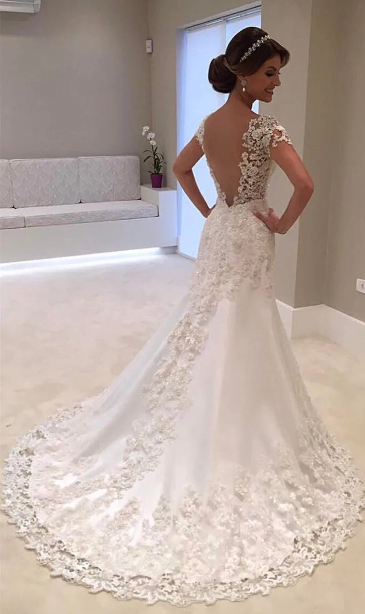 White Backless Lace Mermaid Wedding Dress 2022 V-Neck Short Sleeve Wedding Gown Bride Dress Robe de mariage