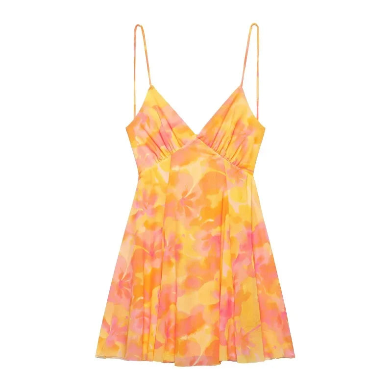 2025 Summer New collection Women's vacation Style printed silk mesh sexy V-neck halter short Dress Hot Girl Dress