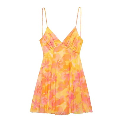 2025 Summer New collection Women's vacation Style printed silk mesh sexy V-neck halter short Dress Hot Girl Dress