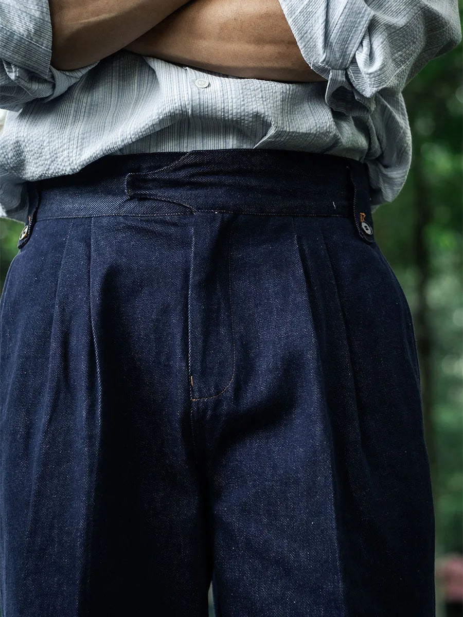 Autumn vintage workwear washed blue jeans loose straight leg pants wide leg pants organ button Gurkha pants