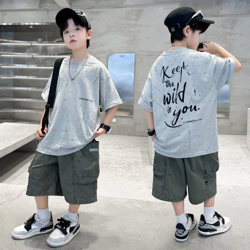 Summer Suit for Boy with Shorts Two Piece Clothing Set Kids Child Cotton Top and Bottom Clothes Set Casual Outfit Tracksuit 5-14