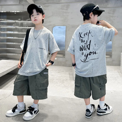 Summer Suit for Boy with Shorts Two Piece Clothing Set Kids Child Cotton Top and Bottom Clothes Set Casual Outfit Tracksuit 5-14