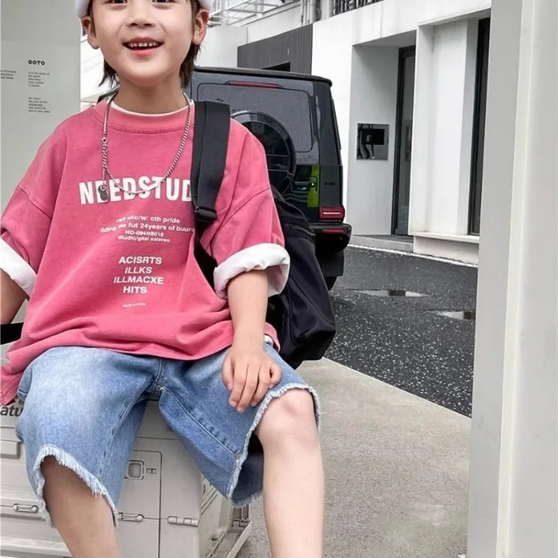 2026 New Boys' Summer 100% Cotton Streetwear Short Sleeve T Shirt Casual Half Sleeve Clothing