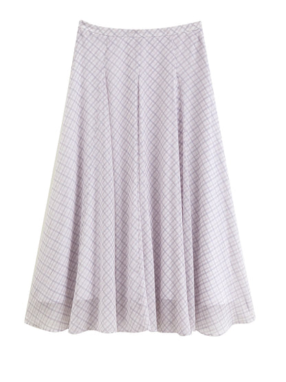 2026 Summer Women's Lilac Plaid High Waist A-Line Skirt for Daily and Resort Wear