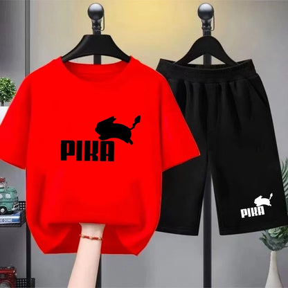 Summer Boy Girls Red Casual T Shirt Sets Rabbit Printed Kids Fashion Outfits Teen Children's Short Sleeve Tops Shorts 2pcs