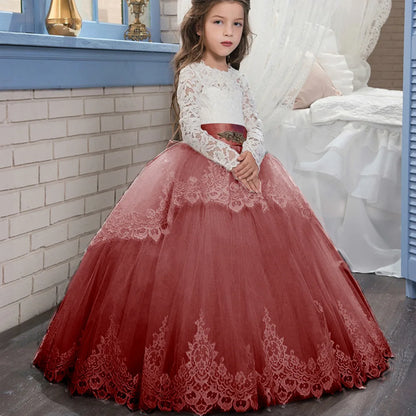 Sweet Lace Flower Girls Dresses Long Sleeves O Neck Formal Dress For Little Girls Wedding Guest Gown Birthday Party Dresses